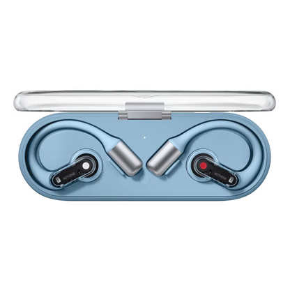 Nothing Ear (open) trådløse øretelefoner i blå, åbent design med ørekroge i blå opladningsæske med gennemsigtigt låg.