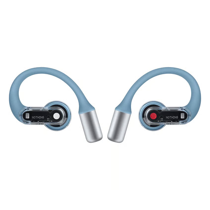 NOTHING Ear (open) trådløse øretelefoner i blå med sølvdetaljer, åbent design og gennemsigtige elementer, der viser indmaden.