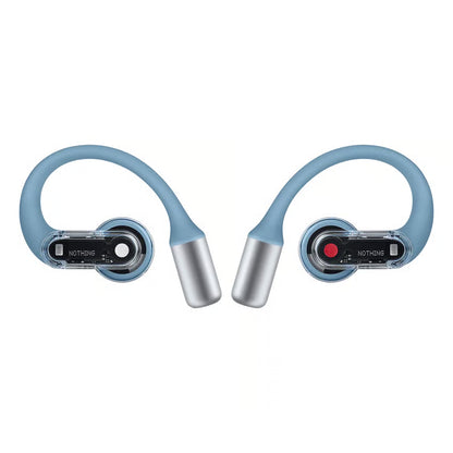 NOTHING Ear (open) trådløse øretelefoner i blå med sølvdetaljer, åbent design og gennemsigtige elementer, der viser indmaden.