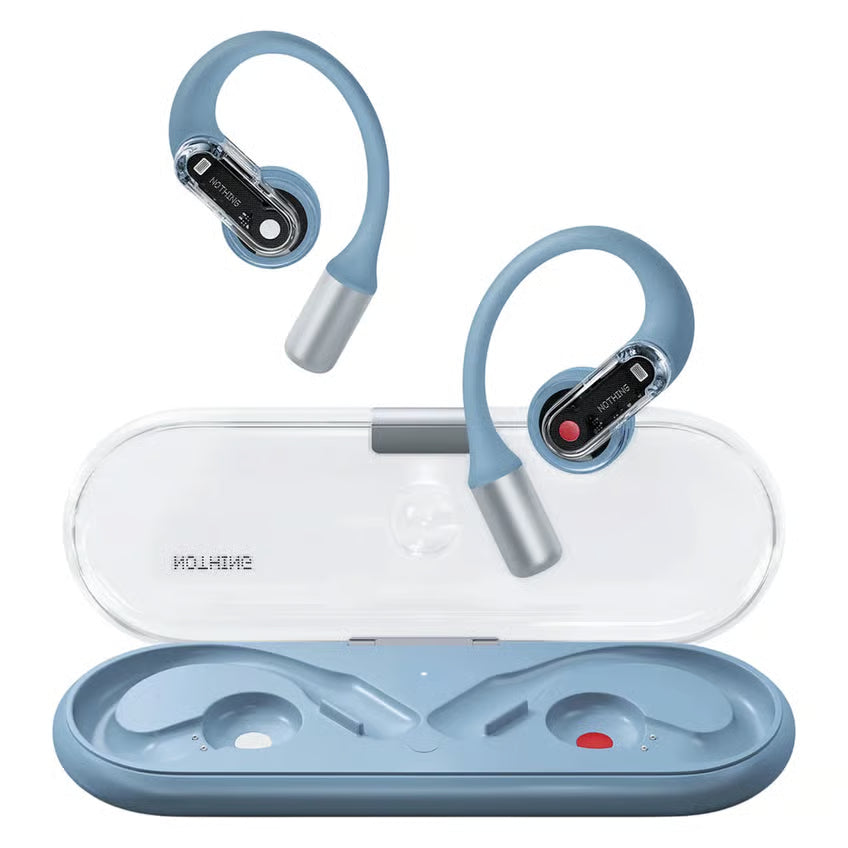 Nothing Ear (open) – lyseblå trådløse øretelefoner med åbent design, ørekroge, venstre/højre-markering og opladningsetui.