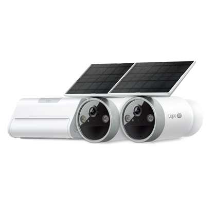 TP-Link Tapo HB610 4K-kamerasæt med to solcellekameraer med solcellepaneler og trådløs hub.