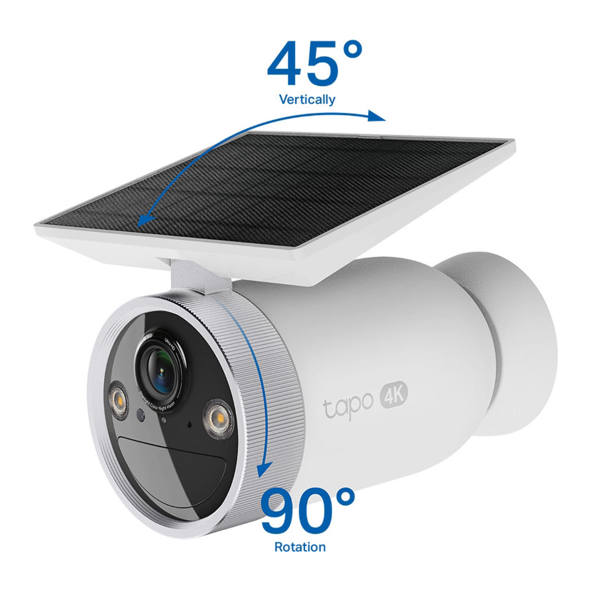 TP-Link Tapo HB610 trådløst 4K-overvågningskamera med solcellepanel, 45° lodret hældning og 90° rotation.