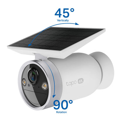 TP-Link Tapo HB610 trådløst 4K-overvågningskamera med solcellepanel, 45° lodret hældning og 90° rotation.