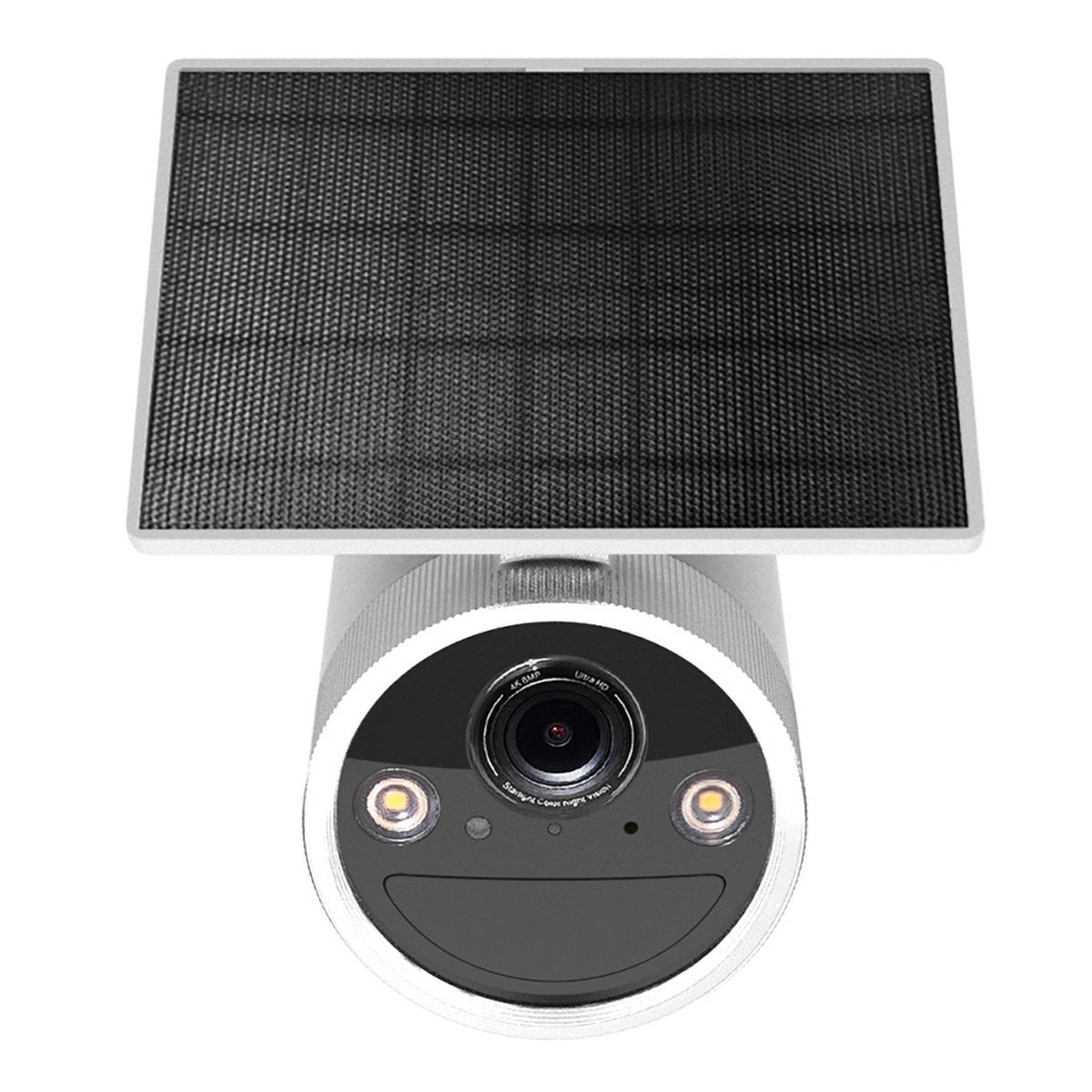TP-Link Tapo HB610 4K-kamerasæt i hvid med solcellepanel, to LED-spotlights og linse til trådløs overvågning.