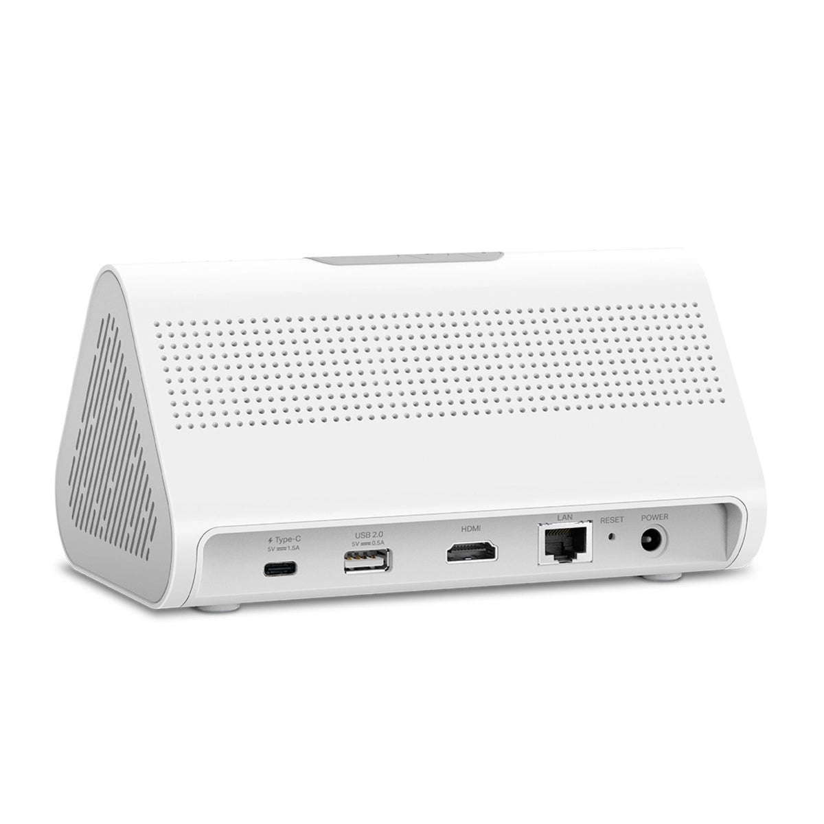 Bagsiden af TP-Link Tapo H500-hubben med USB-C, USB 2.0, HDMI, LAN, reset-knap og strømstik.