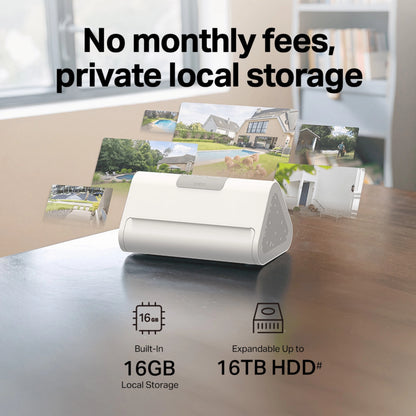 TP-Link Tapo HB610 4K-kamerasæt med to solcellekameraer og H500-hub, 16 GB lagerplads, 16 TB HDD-udvidelse og trådløs overvågning.