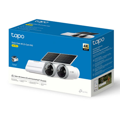 Emballage til TP-Link Tapo HB610 4K-kamerasæt med to solcellekameraer og H500-hub til trådløs overvågning.