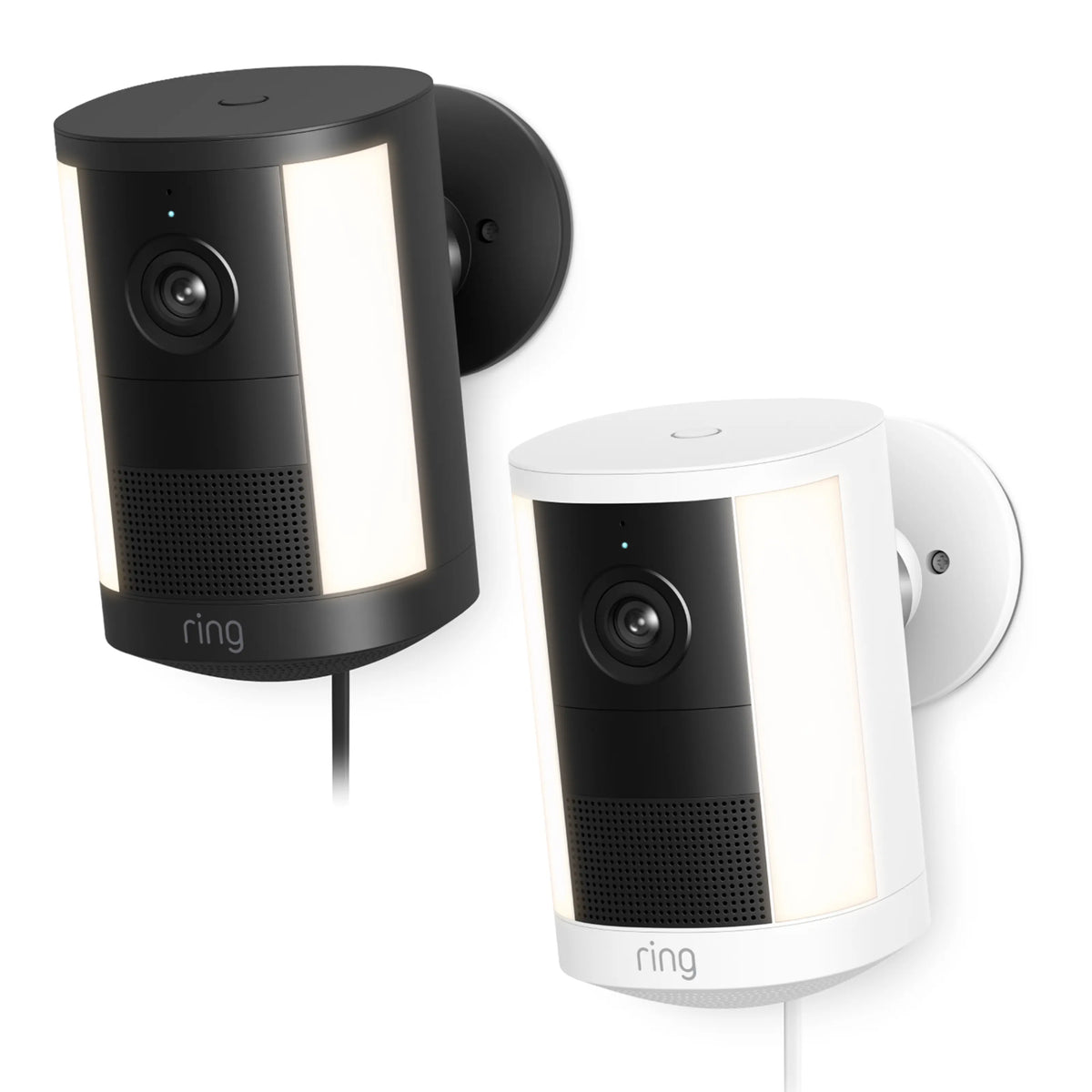 Ring Spotlight Cam Plug-in Retinal 2K udendørskameraer i sort og hvid med indbygget belysning, 2K-video, vægmonteret.