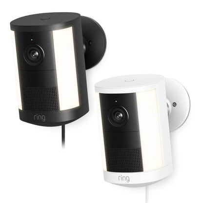 Ring Spotlight Cam Plug-in Retinal 2K udendørskameraer i sort og hvid med indbygget belysning, 2K-video, vægmonteret.