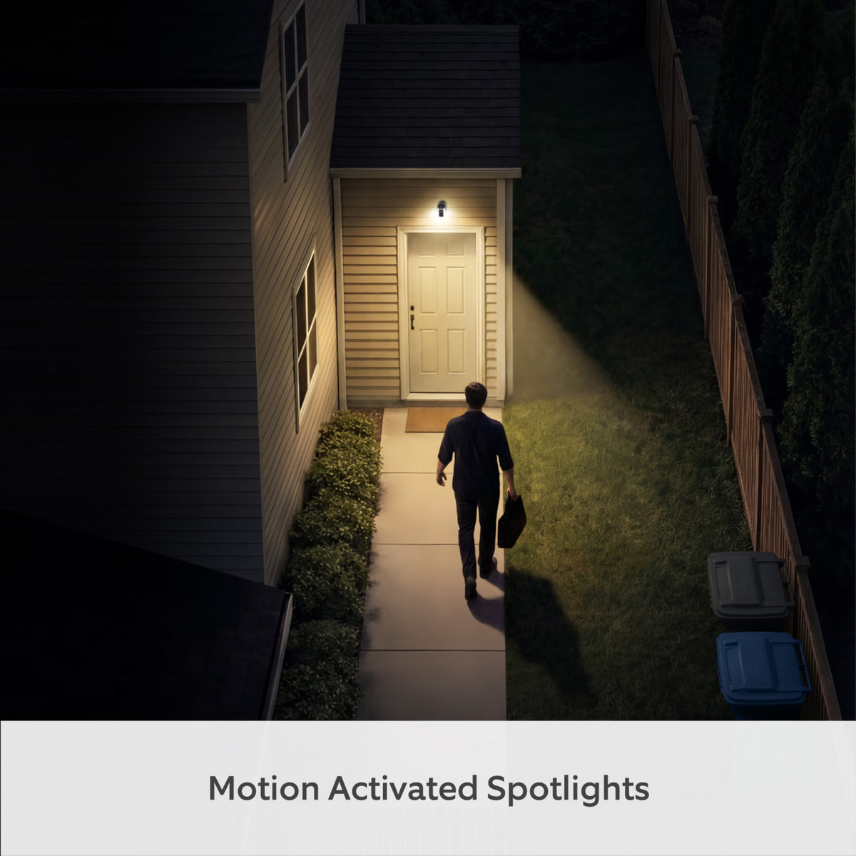RING Spotlight Cam Plug-in Retinal 2K sort udendørskamera med bevægelsesaktiveret spotlight, tekst: Bevægelsesaktiverede spotlights.