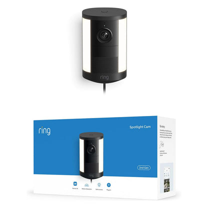Ring Spotlight Cam Plug-in Retinal 2K udendørskamera, sort, ses oven på æsken med 2K-opløsning.