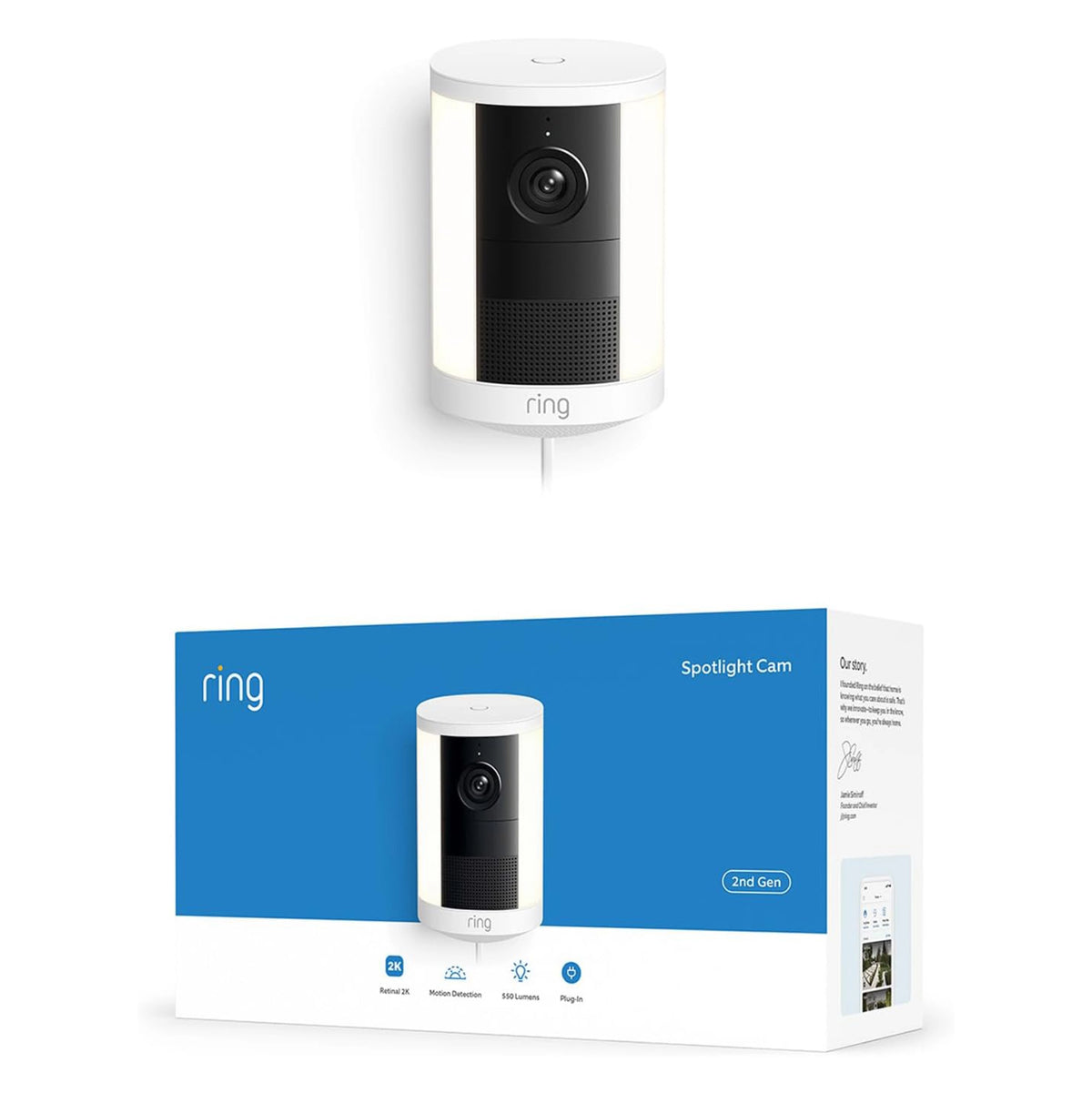 Ring Spotlight Cam Plug-in Retinal 2K hvidt overvågningskamerasæt i sin æske med modeltekst og billede.