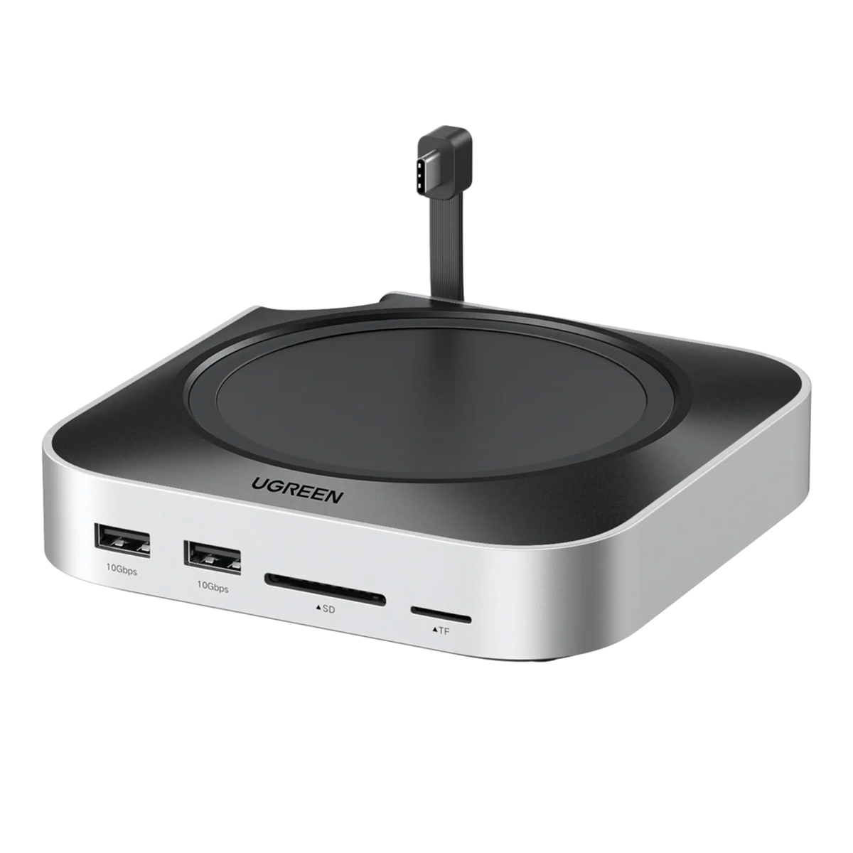 Ugreen Mac mini 11-i-1-dockingstation, sølv/sort, M.2 NVMe-plads til M4, USB-C-kabel øverst, USB-A foran, SD- og TF-kortlæser.