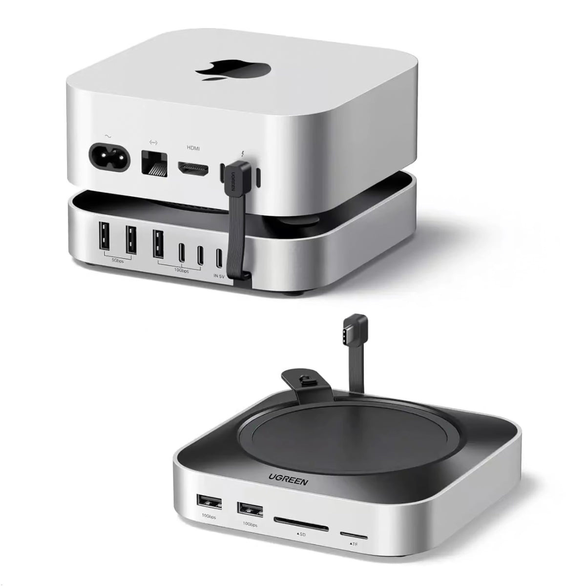 Ugreen 11-i-1-dockingstation, sølv, til Mac mini M4, med M.2 NVMe-plads, USB-porte samt SD- og TF-kortlæsere.