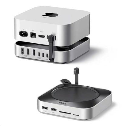 Ugreen 11-i-1-dockingstation, sølv, til Mac mini M4, med M.2 NVMe-plads, USB-porte samt SD- og TF-kortlæsere.