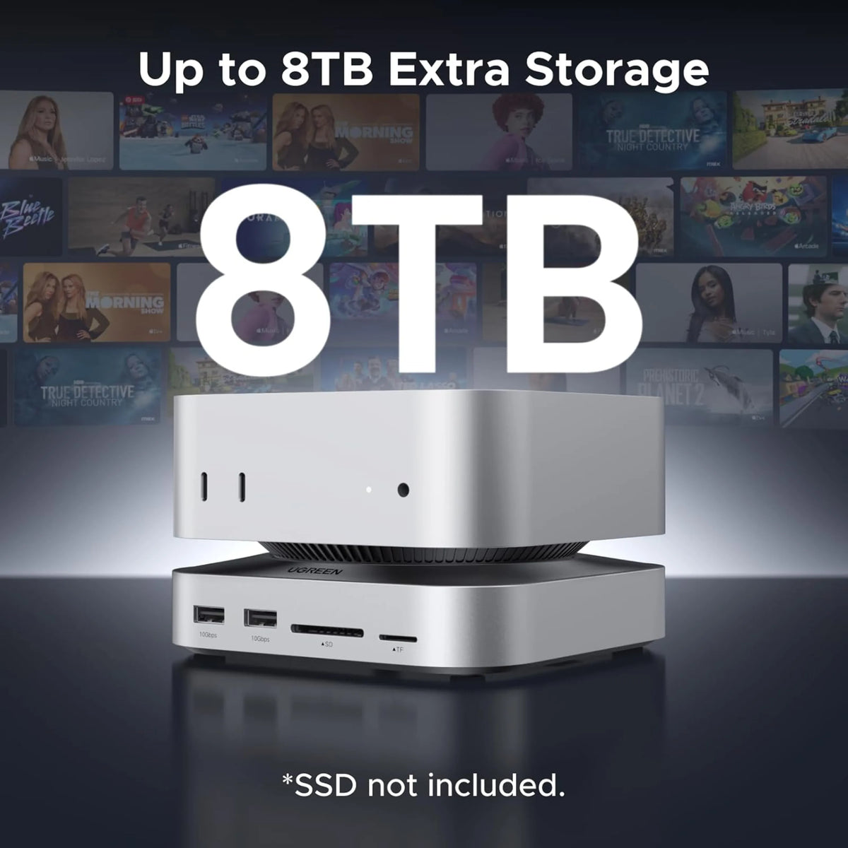 Ugreen 11-i-1-dockingstation til Mac mini M4 i sølv med plads til M.2 NVMe SSD (8 TB), USB-porte foran og SD-kortlæser.