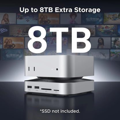 Ugreen 11-i-1-dockingstation til Mac mini M4 i sølv med plads til M.2 NVMe SSD (8 TB), USB-porte foran og SD-kortlæser.