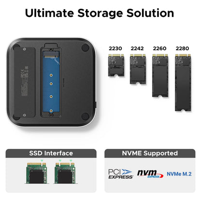 Ugreen 11-i-1-dockingstation til Mac mini M4 med åben M.2 NVMe SSD-plads, fire diskstørrelser og interface-logoer.