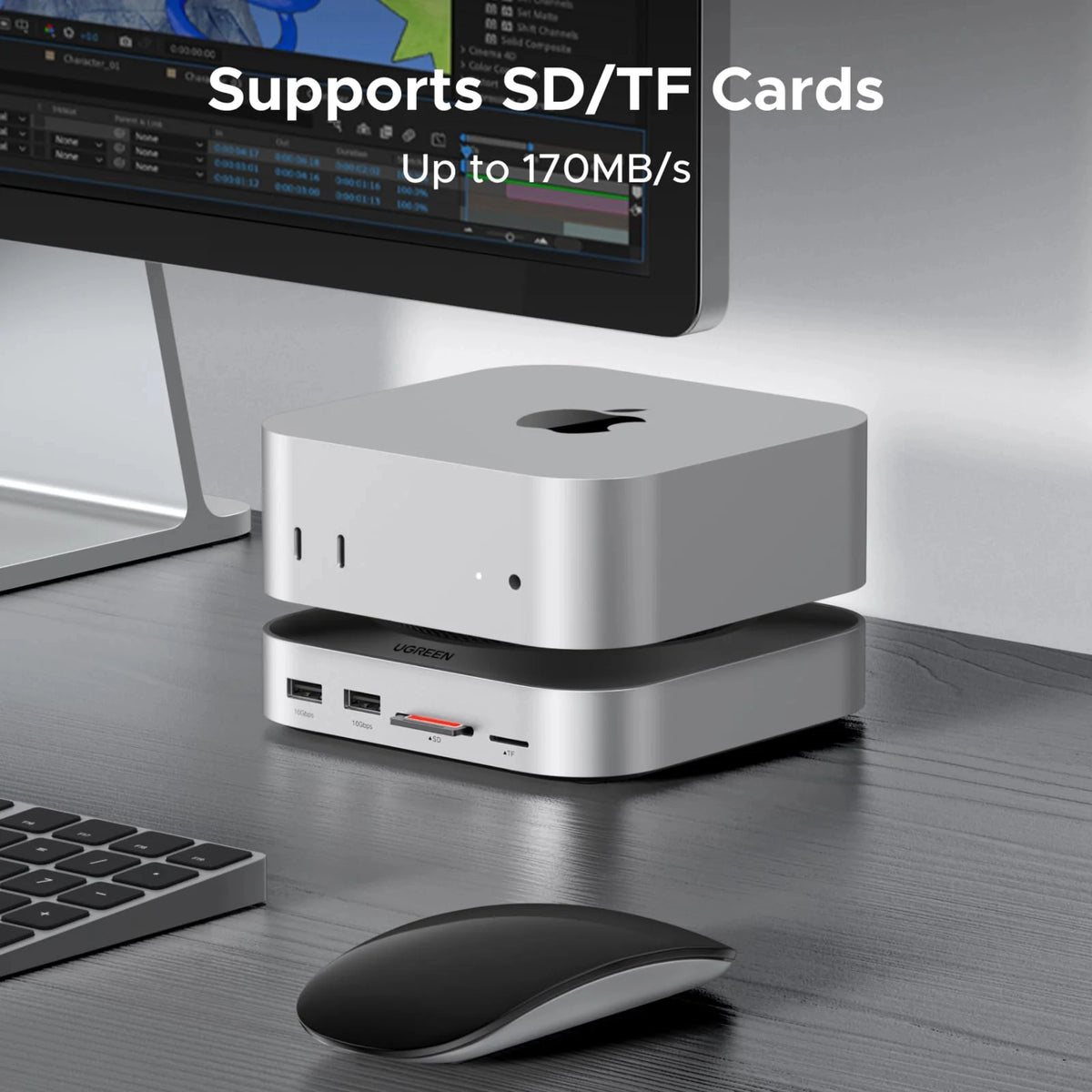 Ugreen 11-i-1-dockingstation til Mac mini M4 med plads til M.2 NVMe SSD, SD-/TF-kortlæsere og USB-porte.