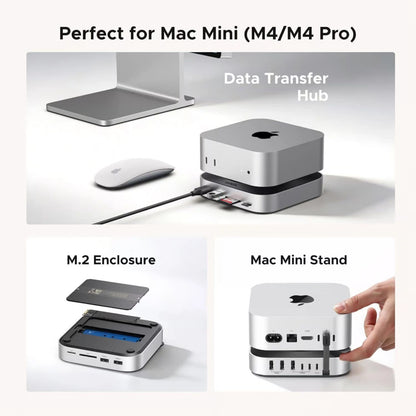 Sølv Ugreen 11-i-1-dockingstation med M.2 NVMe-plads til Mac mini M4, USB-porte, SD-kortlæser og HDMI-tilslutning.