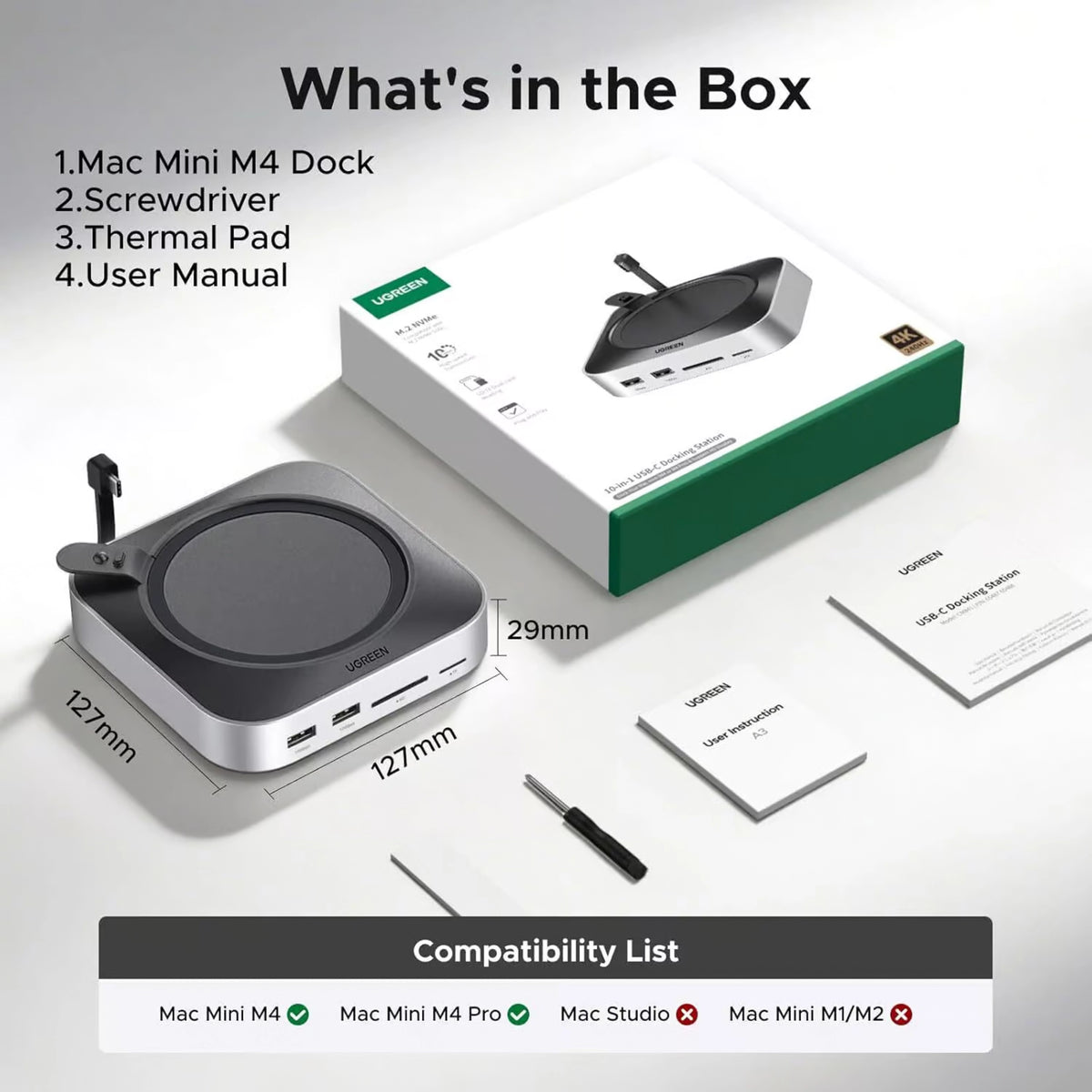 Ugreen 11-i-1-dockingstation med M.2 NVMe-plads til Mac mini M4, inklusive emballage, skruetrækker og vejledninger.