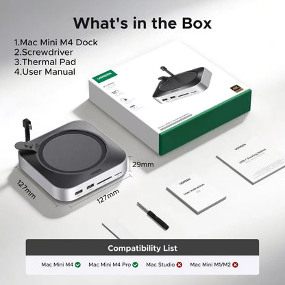 Ugreen 11-i-1-dockingstation med M.2 NVMe-plads til Mac mini M4, inklusive emballage, skruetrækker og vejledninger.