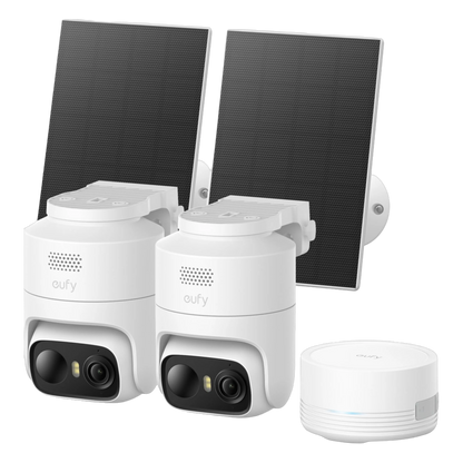 Eufy eufyCam C37 overvågningskamera, 2-pak, hvid, med HomeBase Mini, solcellepaneler, 2K-opløsning.