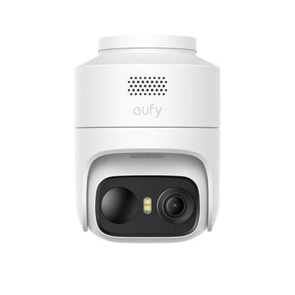 Eufy eufyCam C37 overvågningskamera, 2-pak, hvid, HomeBase Mini, sort linse og sensor, 2K-opløsning, logo over linsen.