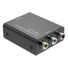 AV-til-HDMI-konverter 1080p, Luxorparts, med CVBS-, L- og R-indgange samt HDMI-udgang, mærket »AV to HDMI 1080p Scaler Converter«.