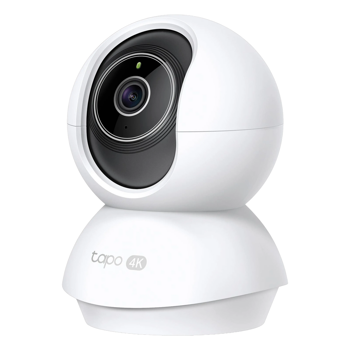 TP-Link Tapo C250 4K indendørs pan/tilt-overvågningskamera i hvid med sort linsehus og logo på foden.