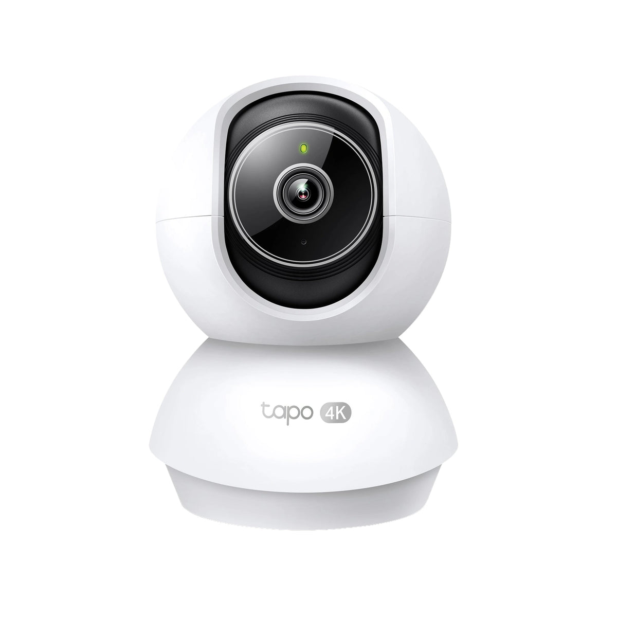 Hvidt TP-Link Tapo C250 4K indendørs pan/tilt-overvågningskamera med sort linse og grøn indikatorlampe.