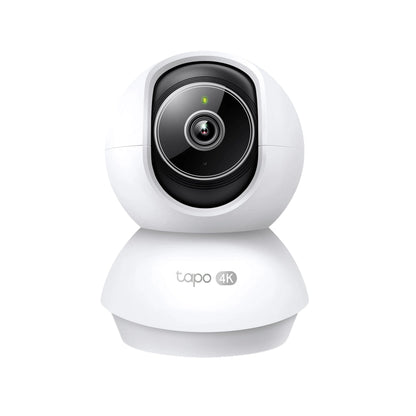 Hvidt TP-Link Tapo C250 4K indendørs pan/tilt-overvågningskamera med sort linse og grøn indikatorlampe.