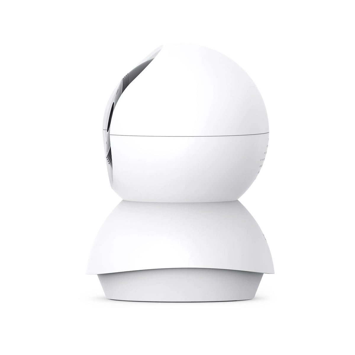 Hvidt TP-Link Tapo C250 4K pan/tilt-overvågningskamera til indendørs brug, set fra siden.
