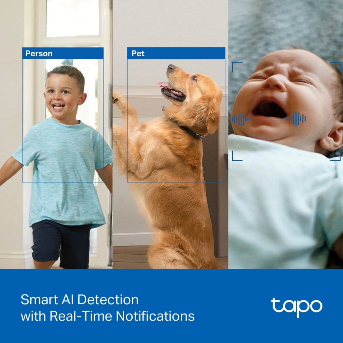 TP-Link Tapo C250 4K indendørs pan/tilt-overvågningskamera i hvid med AI-detektering af børn, hunde og gråd.