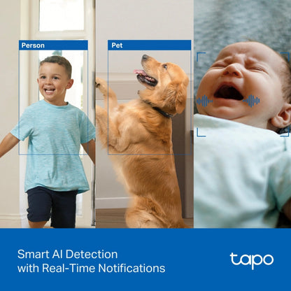 TP-Link Tapo C250 4K indendørs pan/tilt-overvågningskamera i hvid med AI-detektering af børn, hunde og gråd.