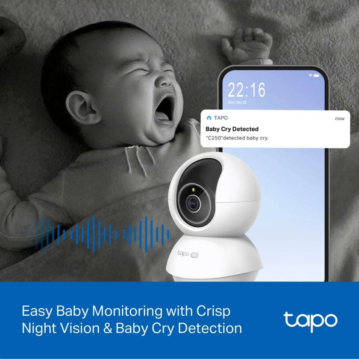 TP-Link Tapo C250 4K indendørs pan/tilt-overvågningskamera med smartphone-app og babyalarm-besked.