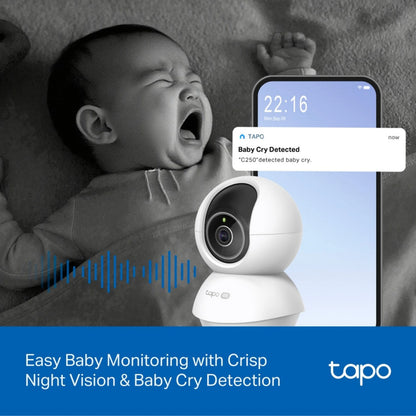 TP-Link Tapo C250 4K indendørs pan/tilt-overvågningskamera med smartphone-app og babyalarm-besked.
