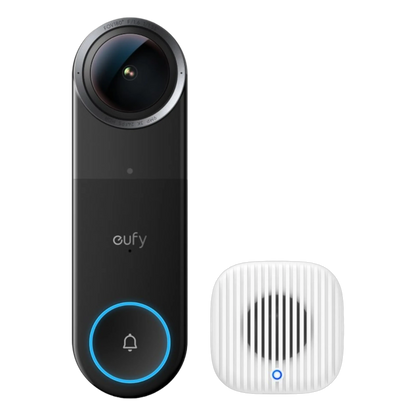 Eufy Video Doorbell S4, sort, med topkamera og blå lysknap, Mini Chime, hvid, med lodrette riller og blå indikatorlampe.