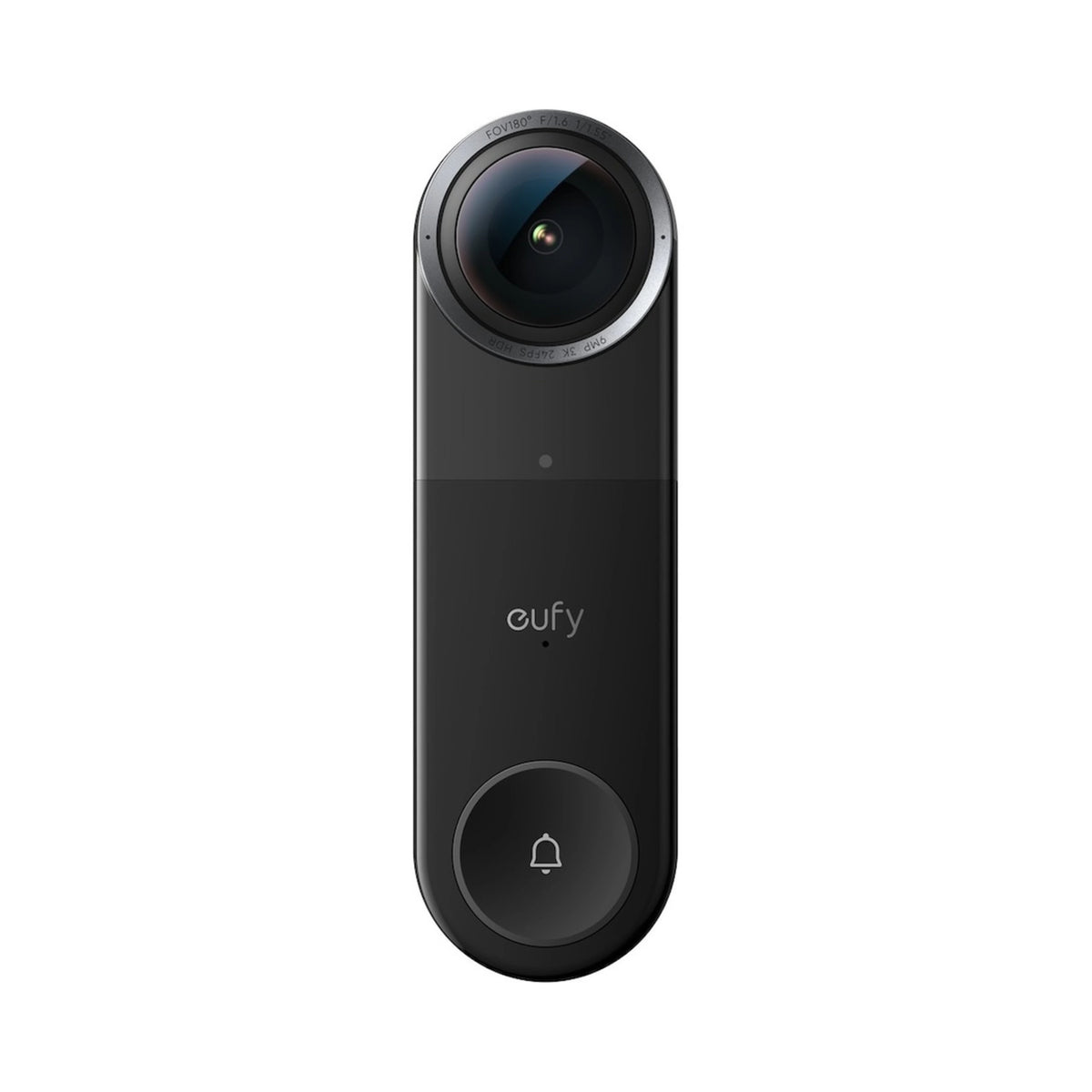 Eufy Video Doorbell S4 + Mini Chime, sort, dobbeltkamera øverst, rund ringeknap nederst, Eufy-logo i midten.