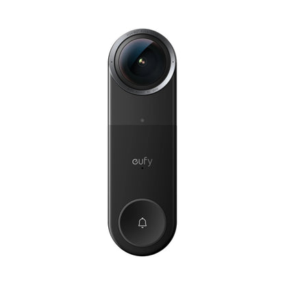 Eufy Video Doorbell S4 + Mini Chime, sort, dobbeltkamera øverst, rund ringeknap nederst, Eufy-logo i midten.