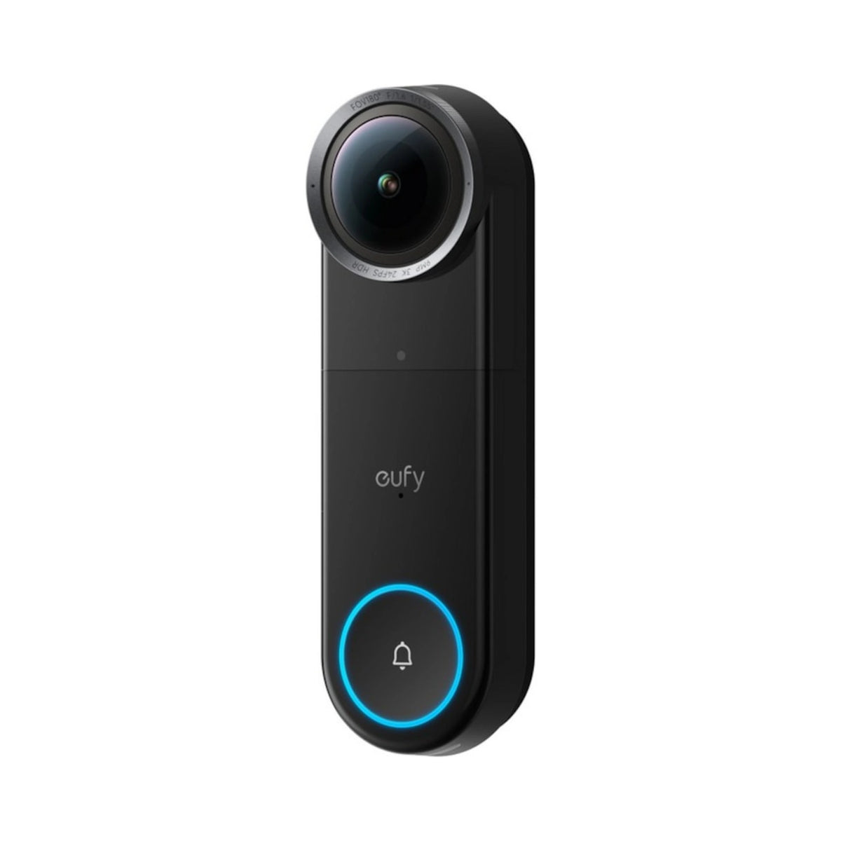 Eufy Video Doorbell S4 + Mini Chime i sort med dobbeltkamera øverst, rund knap med blå ring og Eufy-logo i midten.