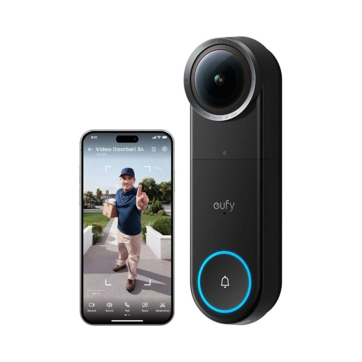 Eufy Video Doorbell S4 + Mini Chime i sort ved siden af smartphonen med live-videovisning.
