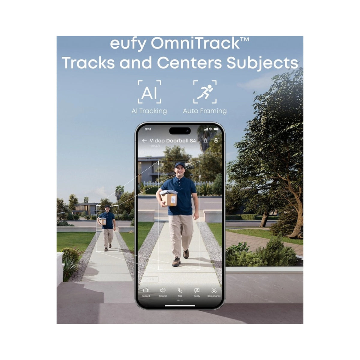 Eufy Smart Video Doorbell S4 + Mini Chime vist på en smartphone via OmniTrack™-sporingsgrænsefladen.