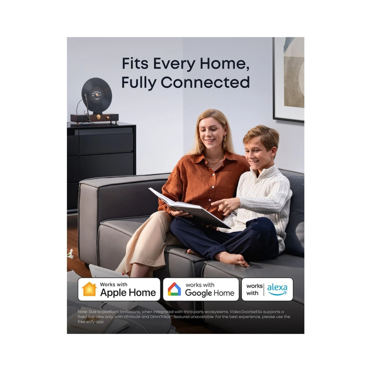 Eufy Video Doorbell S4 + Mini Chime – kompatibel med Apple Home, Google Home og Alexa – tekst: »Passer til ethvert hjem, fuldt forbundet«.
