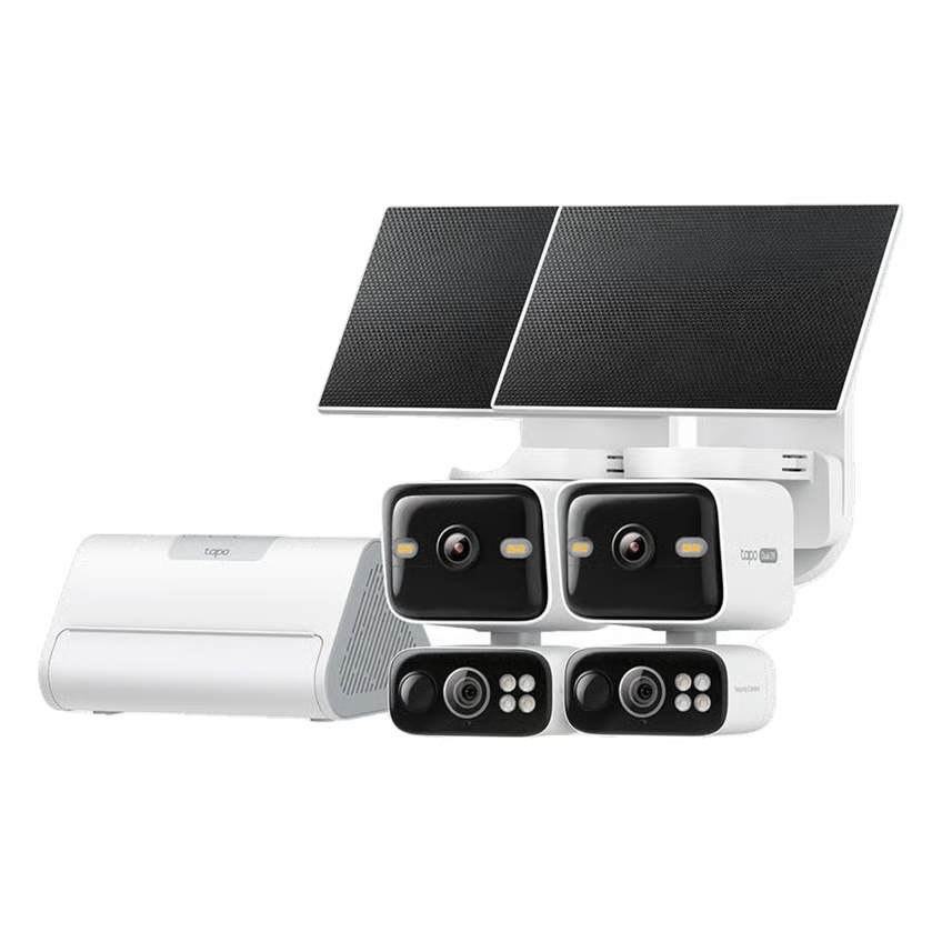 TP-Link Tapo HB410-overvågningssæt med to solcellekameraer, to solcellepaneler og en hub-enhed.