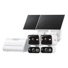 TP-Link Tapo HB410-overvågningssæt med to solcellekameraer, to solcellepaneler og en hub-enhed.