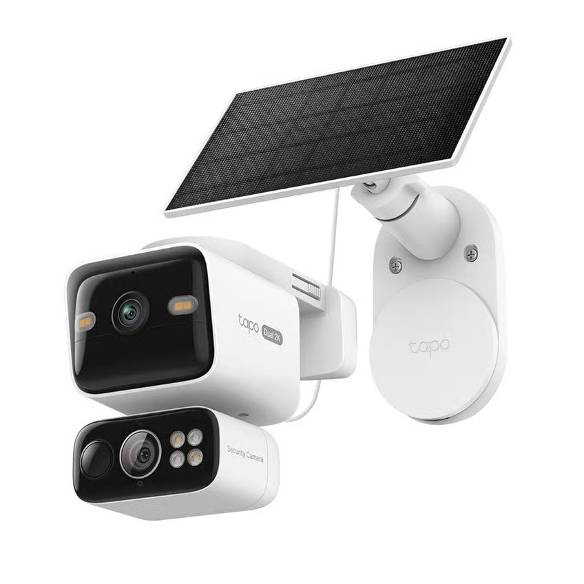 TP-Link Tapo HB410-kamerasæt med to solcellekameraer og H500-hub, rektangulært solcellepanel og cirkulært vægbeslag.
