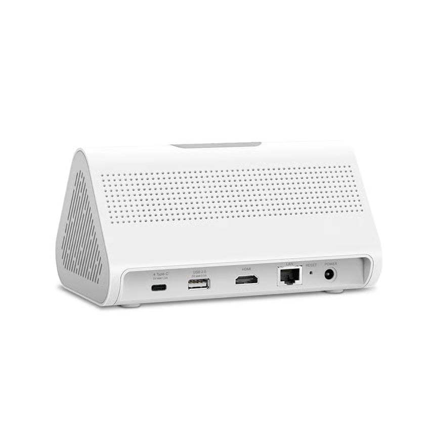 TP-Link Tapo H500-hub, hvid, rektangulær, med USB-C, USB-A, HDMI, LAN, reset-knap og strømindgang på bagsiden.