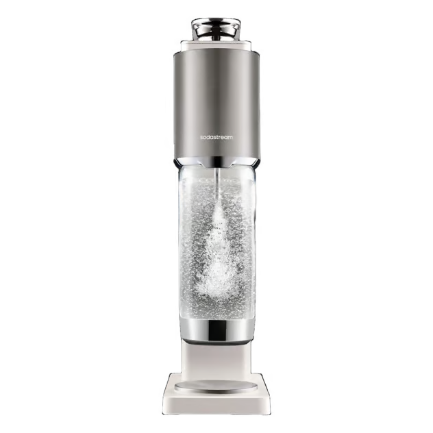 SodaStream Fresh Plus sodavandsmaskine, varm hvid, sølvfarvet top, med indsat gennemsigtig flaske, uden CO2-flaske.