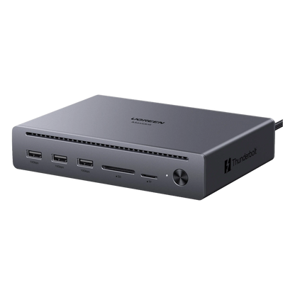 Grå UGREEN Revodok Maxidock Thunderbolt 5-dockingstation 10-i-1, 120 Gbps med 3 USB-A-porte, SD- og TF-kortlæsere samt tænd/sluk-knap.